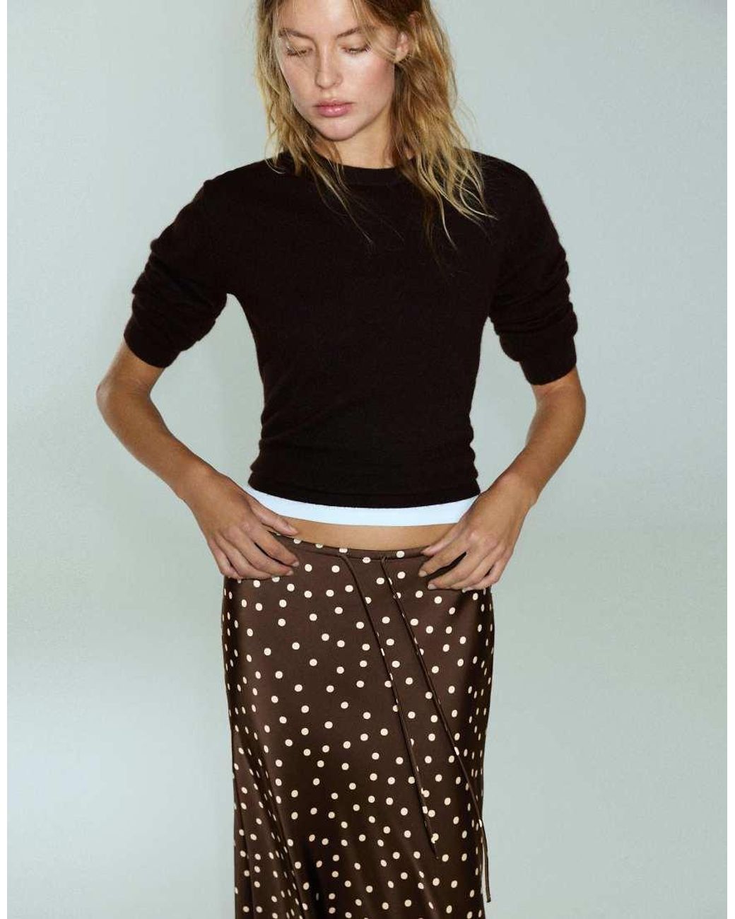 Pull&Bear Natural Satin Drawstring Midi Skirt