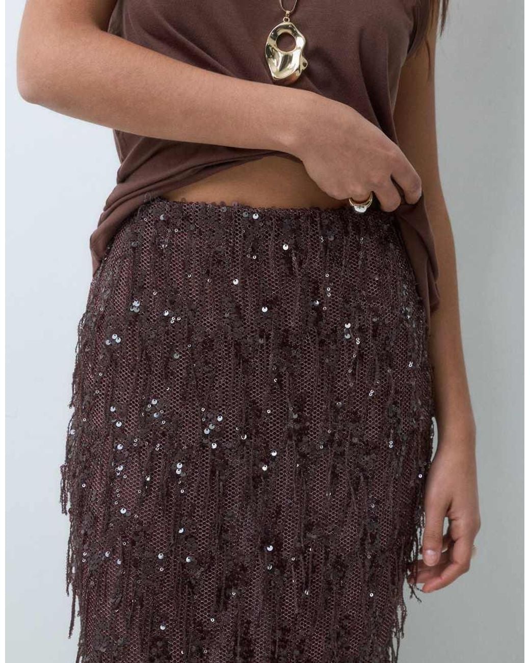 ASOS Brown Fringed Sequin High Waist Maxi Skirt