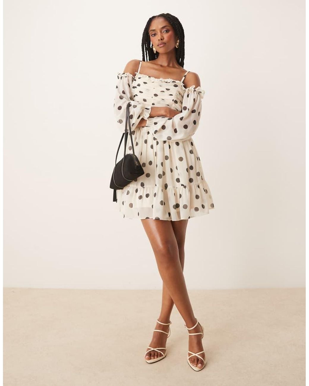 ANAYA Natural Polka Dot Bardot Long Sleeve Mini Dress
