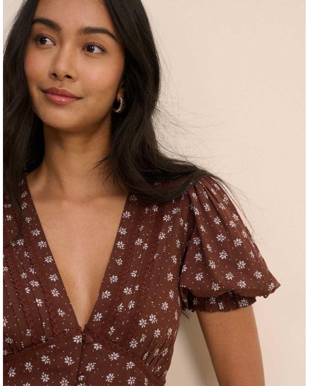 Nobody's Child Natural Ditsy Floral Button Front Frances Midi Dress