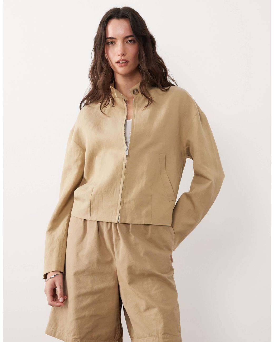 Mango Natural High Neck Zip Through Jacket