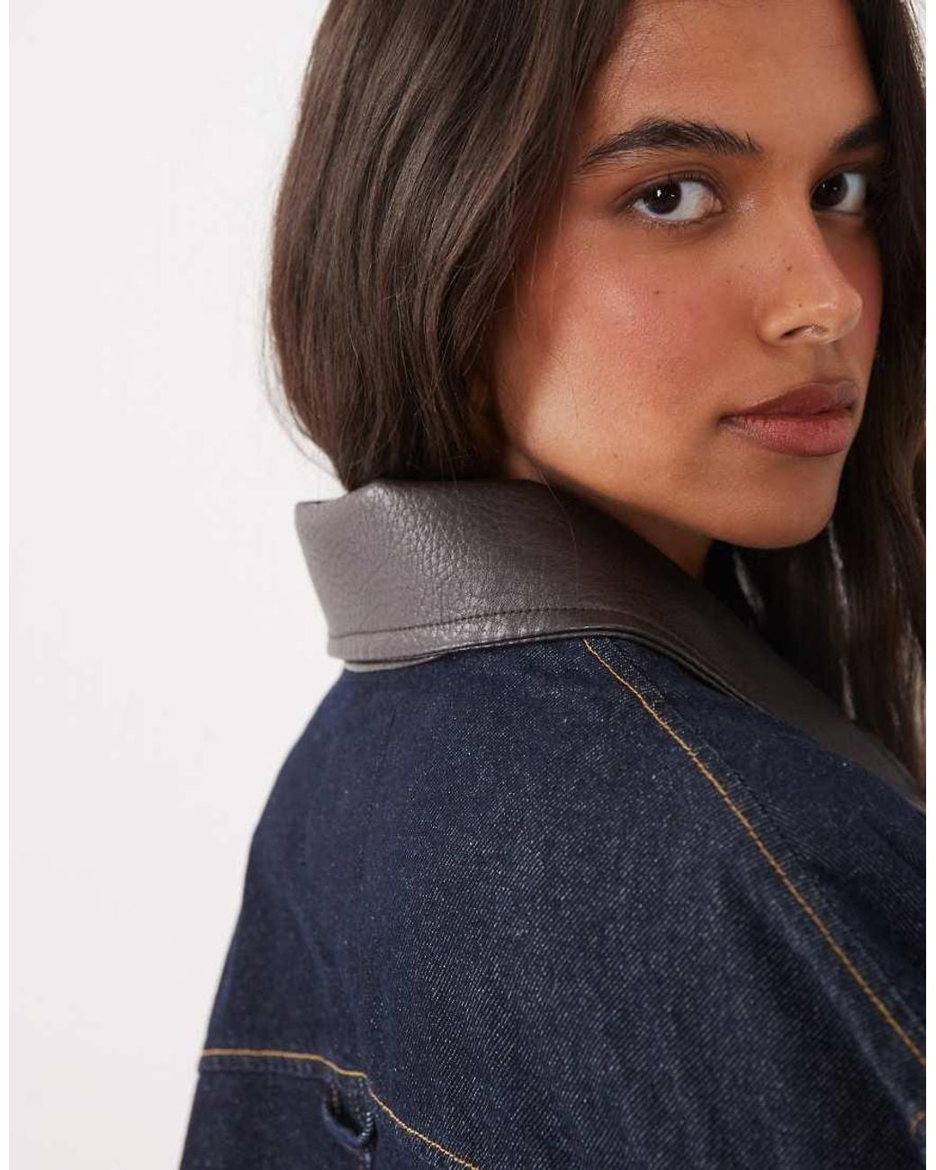 Mango Blue Maya Zip Through Denim Jacket Co-Ord With Faux Leather Collar