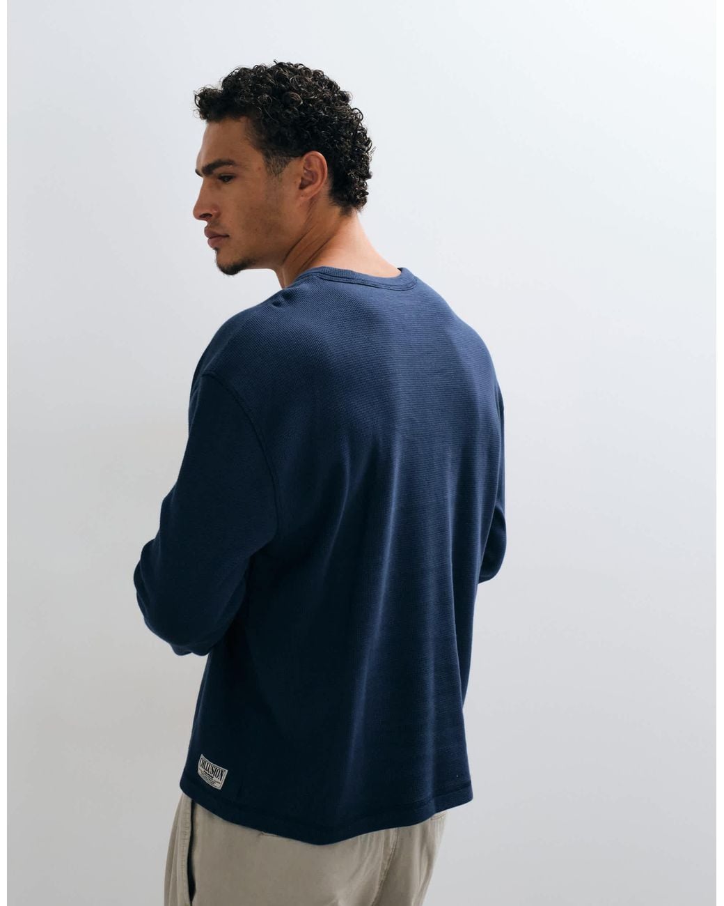 Collusion Blue Long Sleeve Button Down Henley for men