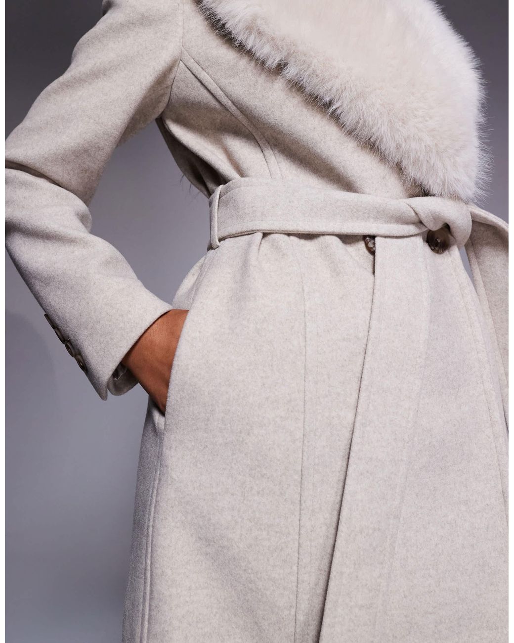 Forever New Natural Formal Belted Longline Detachable Faux Fur Shawl Collar Coat