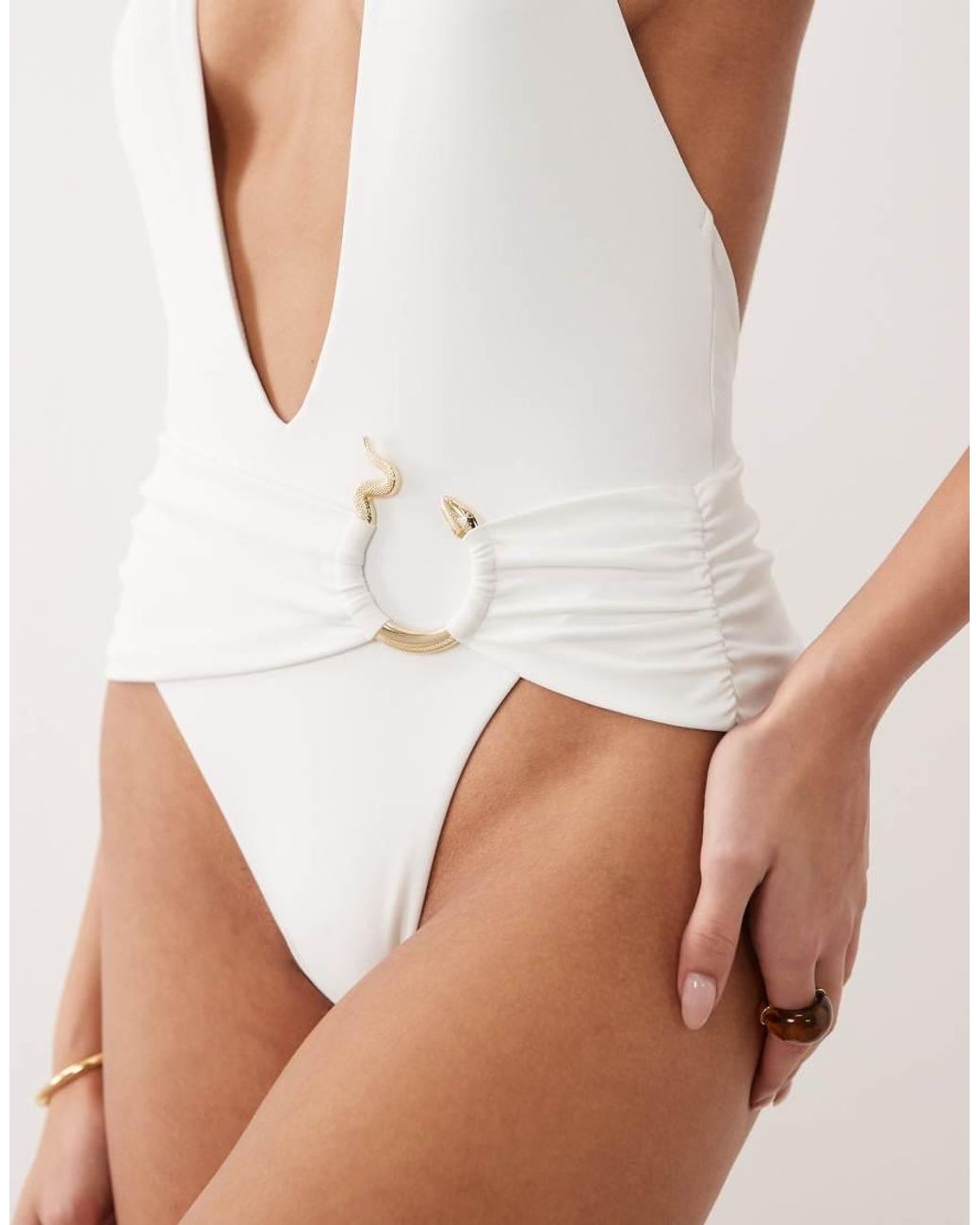 Oh Polly White Snake Detail Plunge Halter Neck Swimsuit