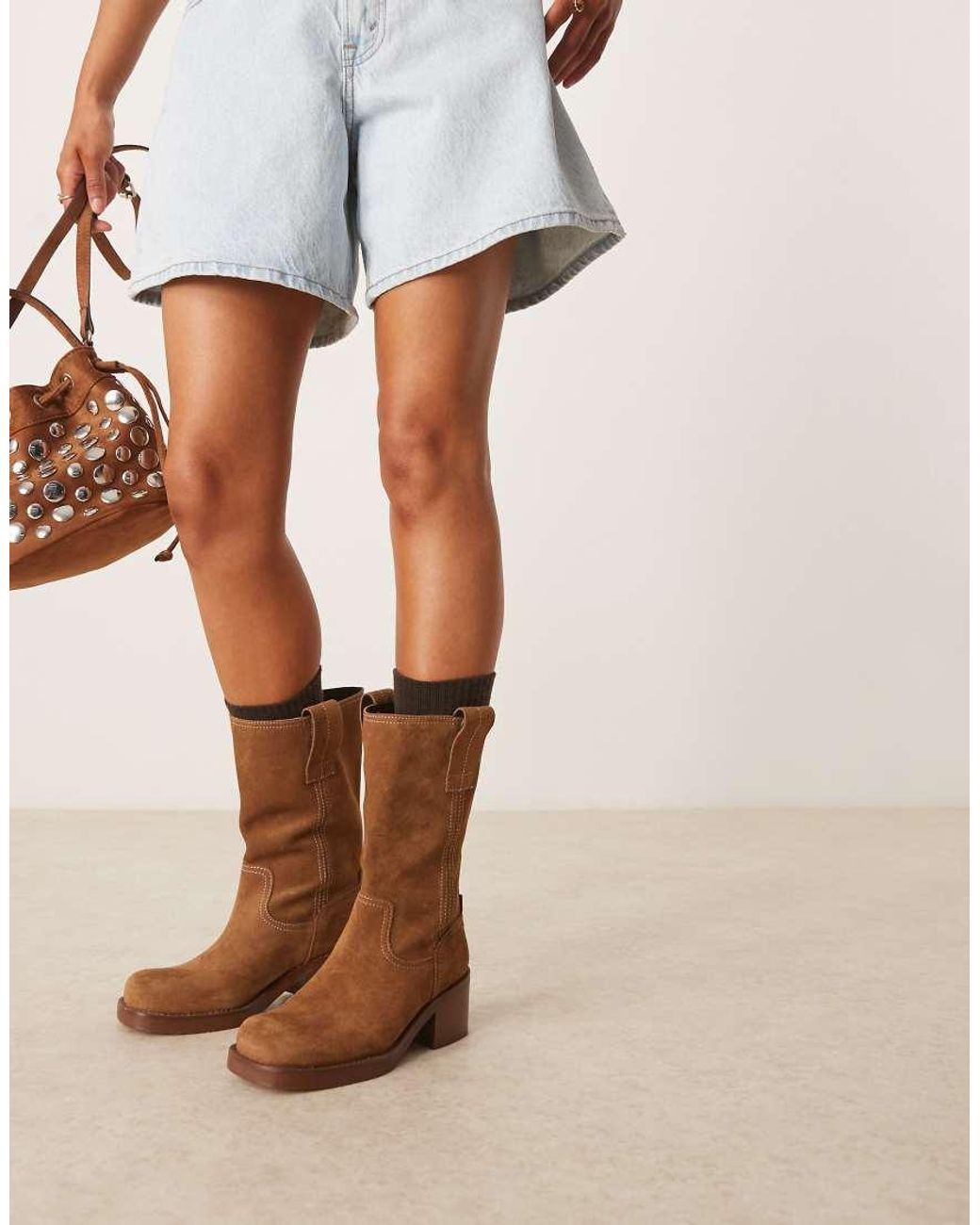 ASOS Natural Caspia Premium Suede Trucker Pull On Boots