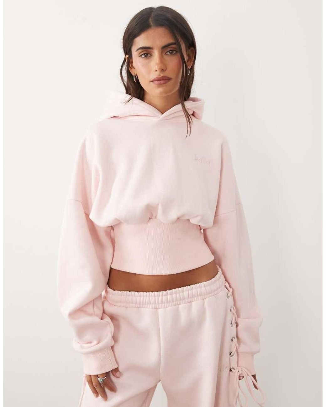 Kaiia Pink Cotton Rich Cinched Waist Lace Up Corset Detail Hoodie Co-ord
