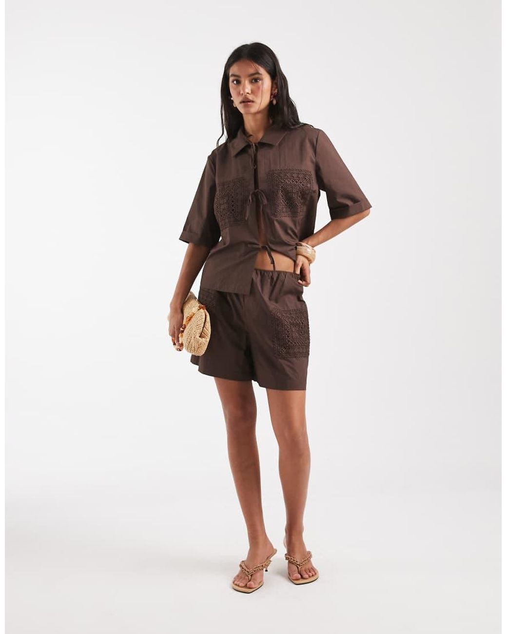 Object Brown Poplin Crochet Patch Shorts Co-Ord