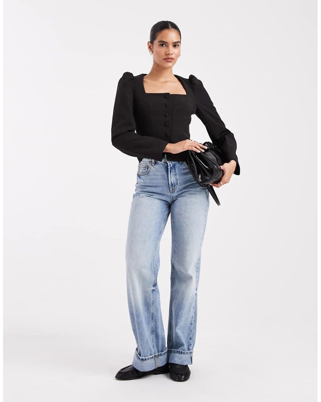 Miss Selfridge Black Tailored Collarless Puff Sleeve Top