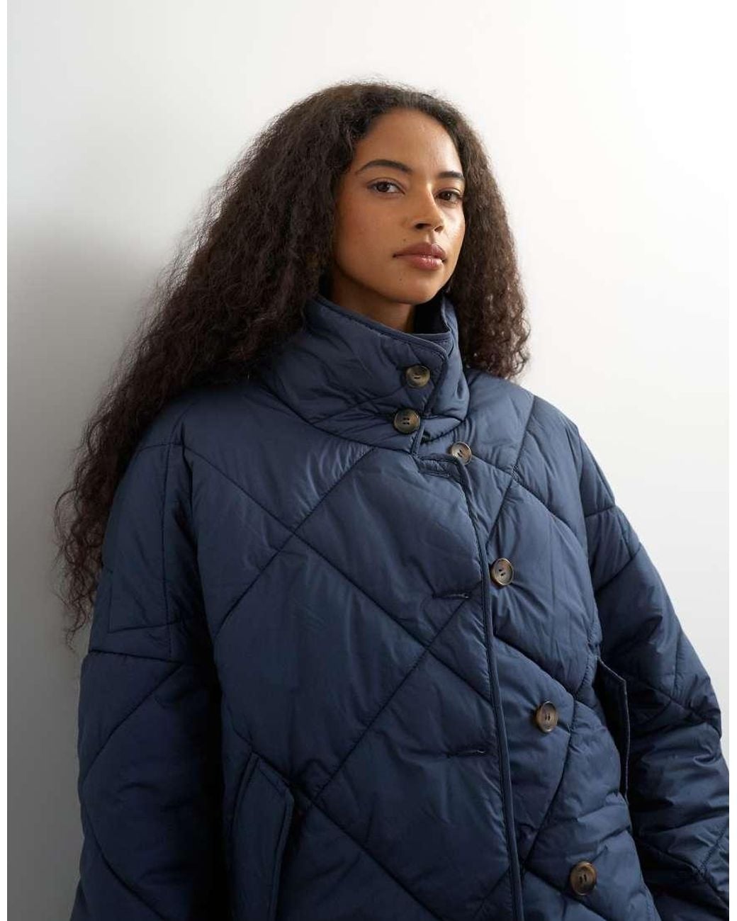 TOPSHOP Blue Quilted Button Through Puffer Jacket