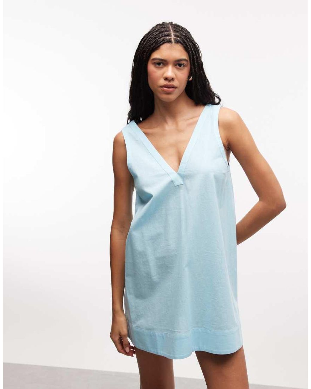 ASOS Blue Cotton Linen V Neck Smock Mini Dress