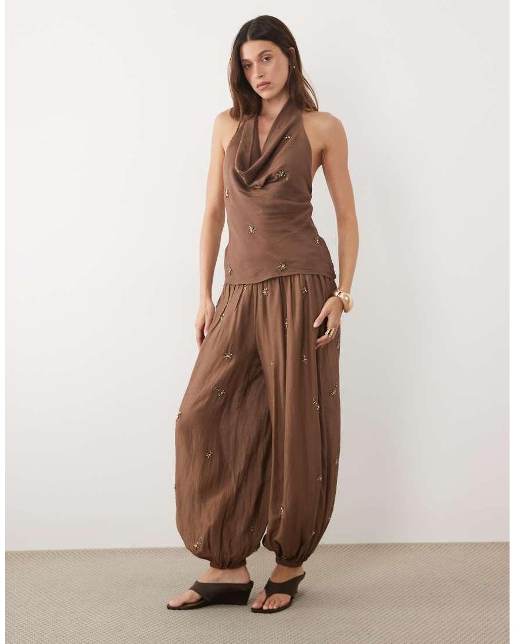 Mango Brown Soliel Embellished Halterneck Top Co-Ord