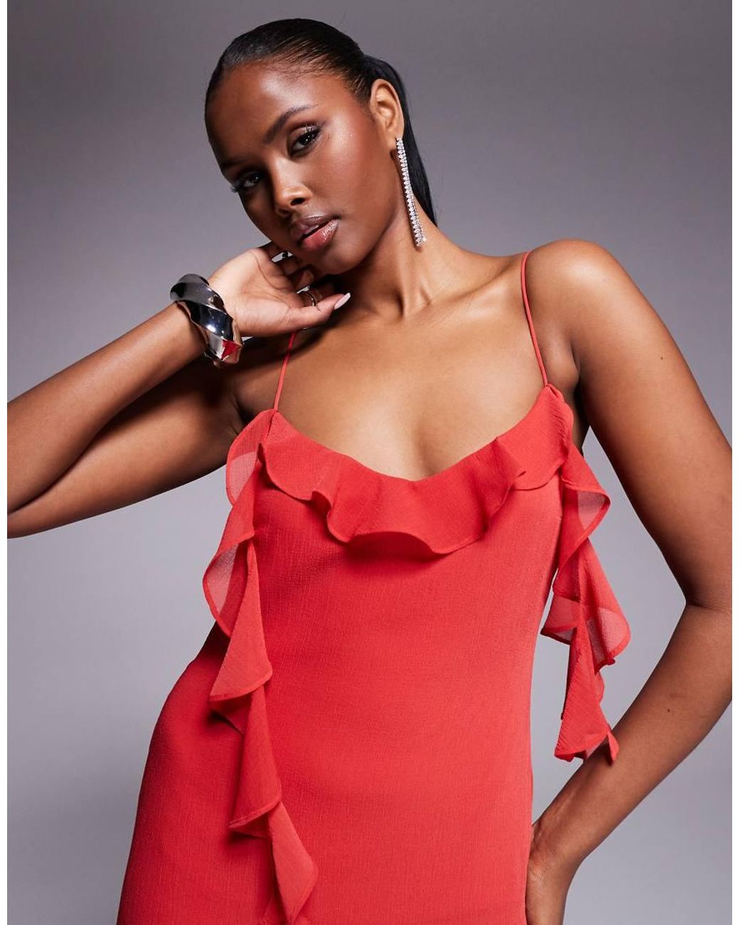 ASOS Red Textu Chiffon Maxi Dress With Trailing Ruffles