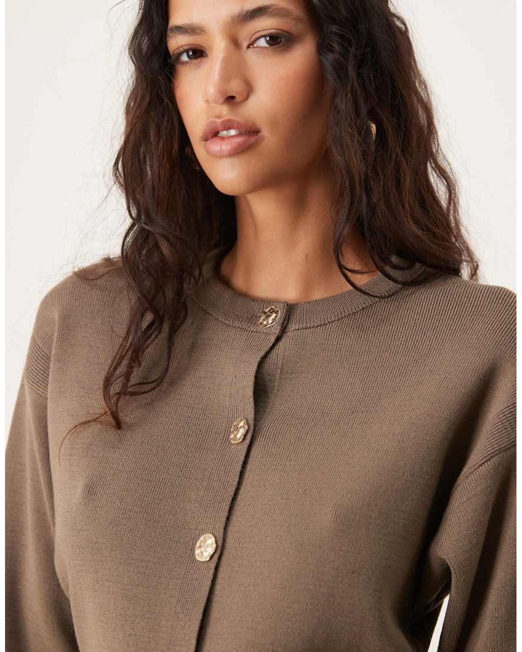 ASOS Natural Knitted Structured Crew Neck Cardigan With Gold Buttons