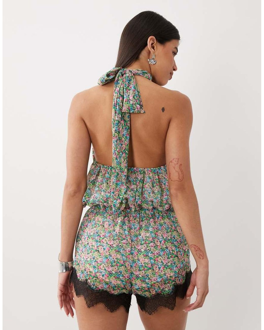 AFRM Gray Logain Polo Neck Halter Lace Trim Playsuit