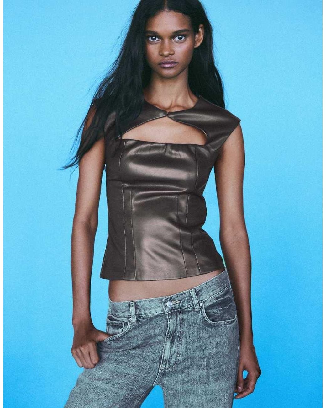 Bershka Blue Sleeveless Leather Effect Cut-out Top