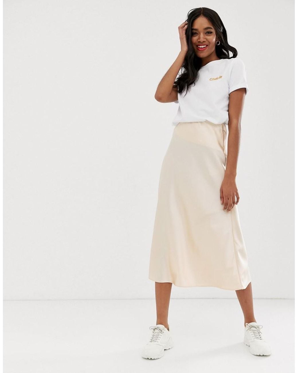 Satin Midi Skirt Beige vlr.eng.br