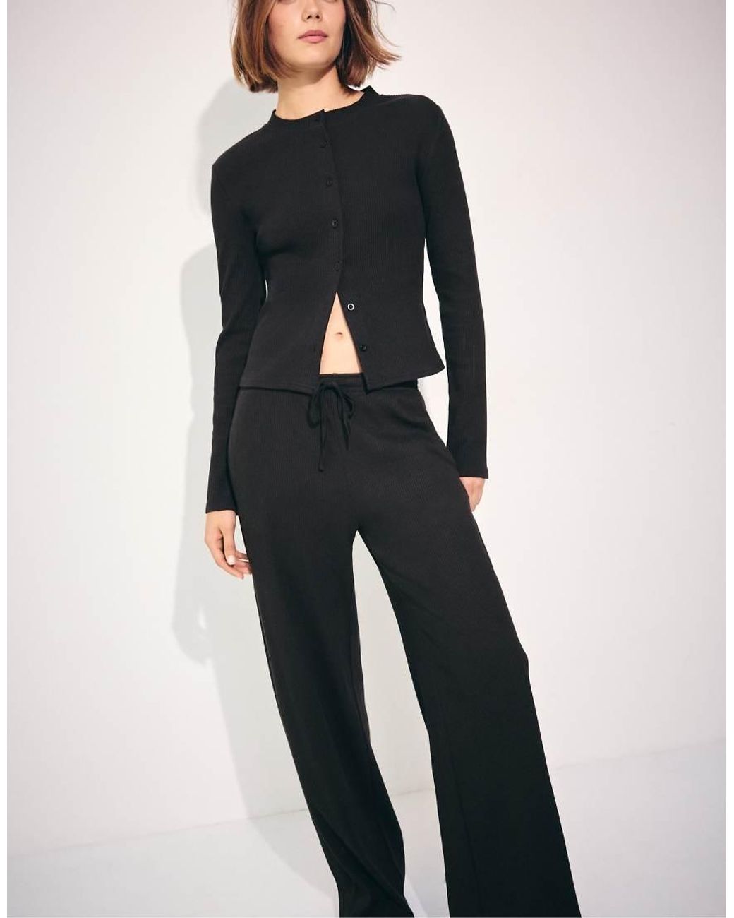 Stradivarius Black Soft-touch Ribbed Trousers