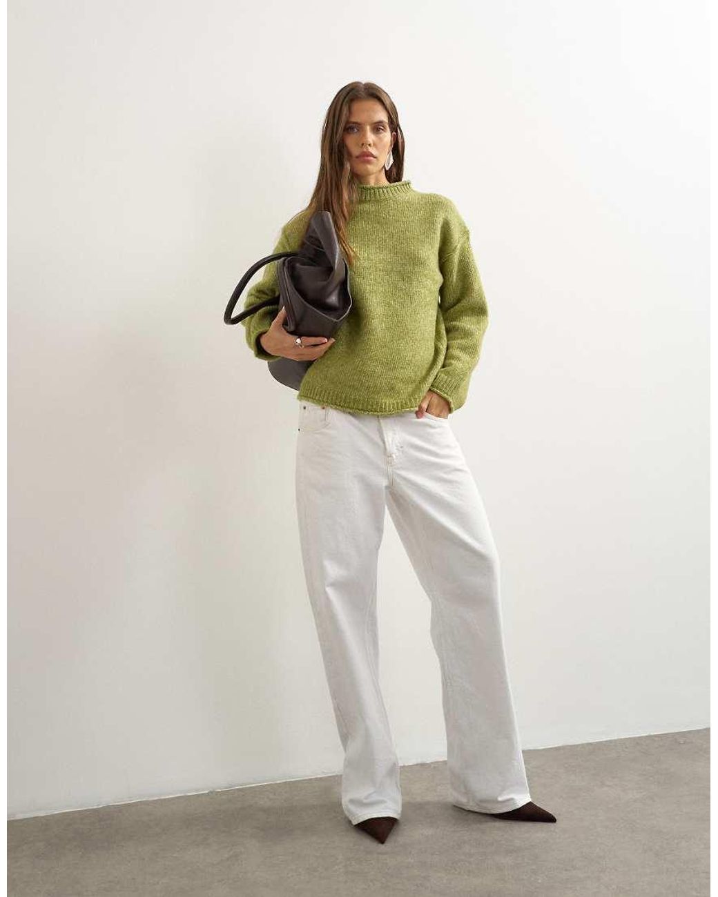 TOPSHOP Green Knitted Wool Blend Roll Edge Chunky Sweater