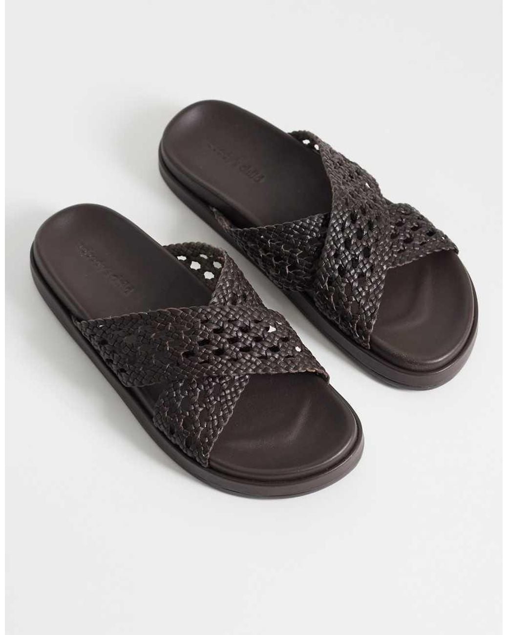 Nobody's Child Black Real Leather Woven Cross Strap Slider