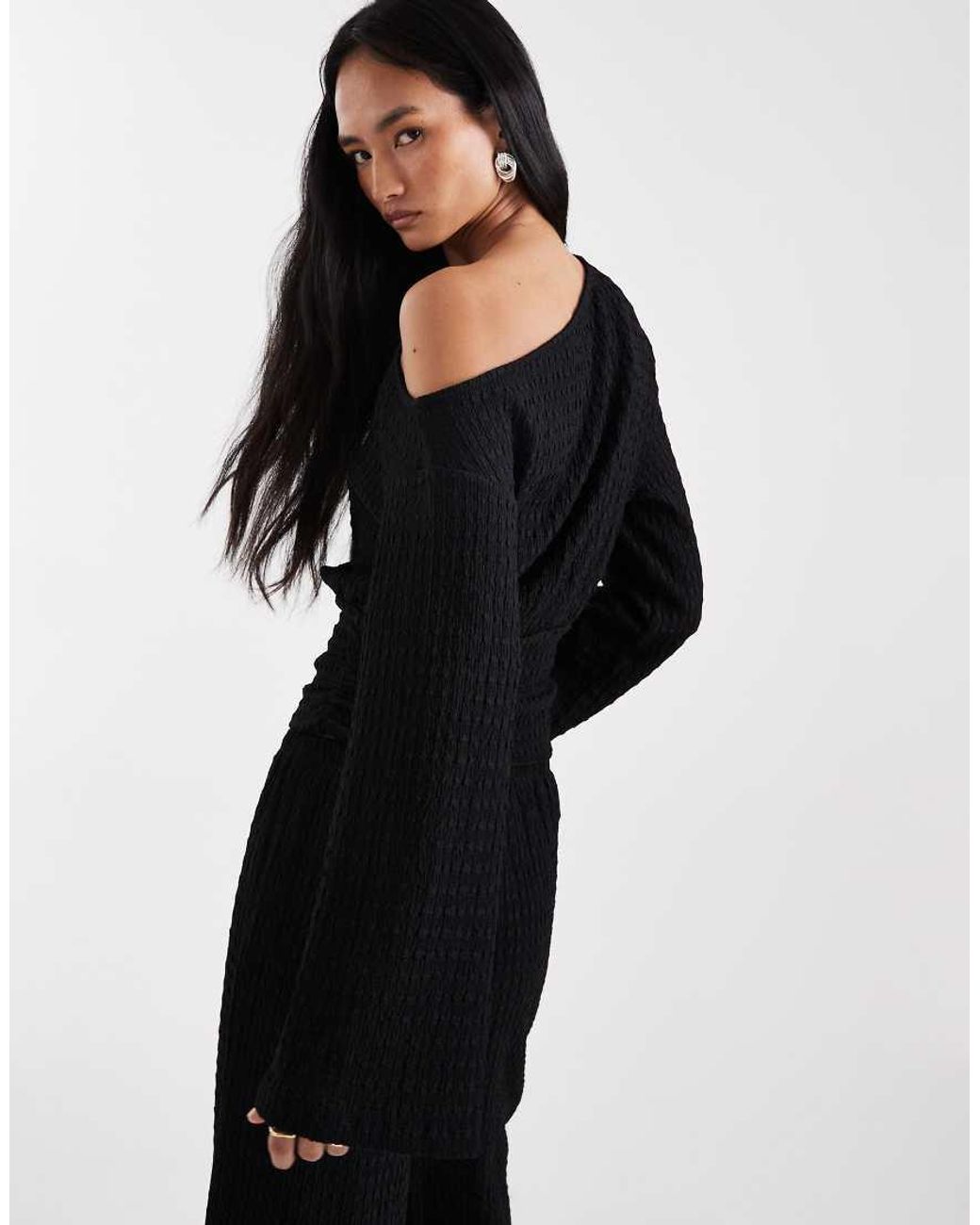 ASOS Black Mix & Match Textured Cinched Waist One Shoulder Long Sleeve Top