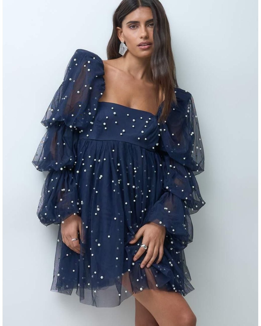 ASOS Blue Tulle Baby Doll Dress With Pearl Embellishment
