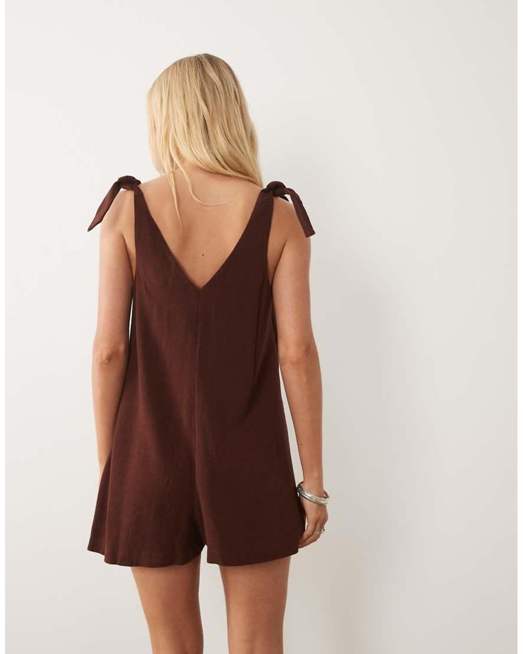 Miss Selfridge Brown Linen Look Tie Shoulder Playsuit