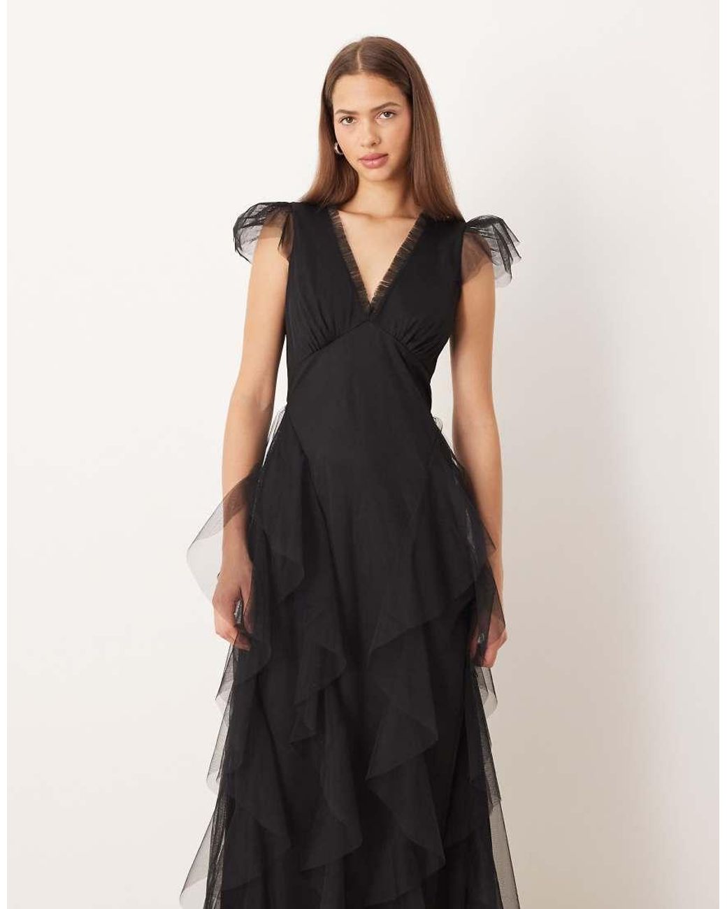 LACE & BEADS Natural Sheer Cap Sleeve Ruffle Maxi Dress