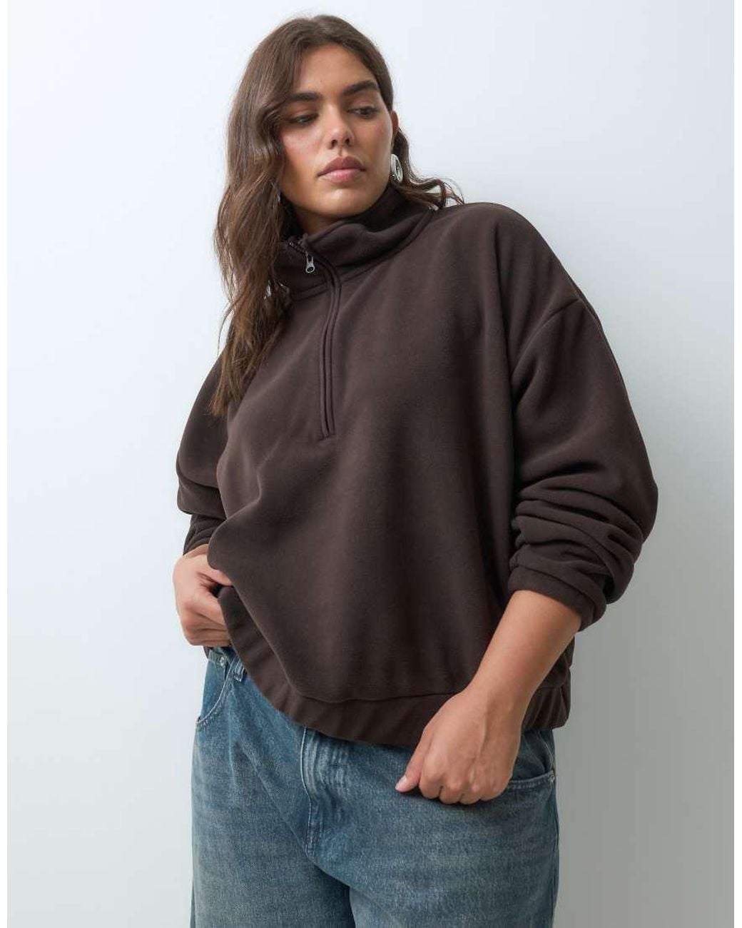 ASOS Brown Asos Design Curve Funnel Neck Half Zip Pull Over Polar Fleece