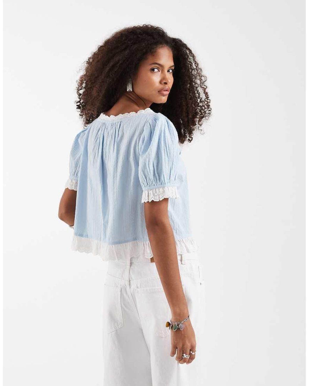 Neon Rose Blue Short Sleeve Frilly Edges Top