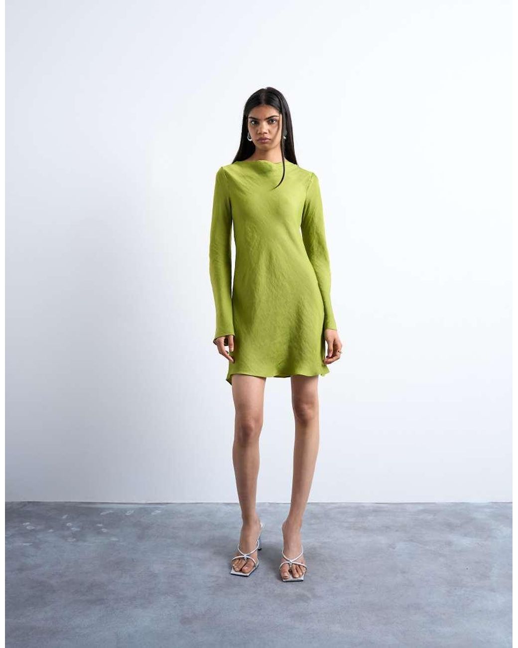 TOPSHOP Green Cowl Back Long Sleeve Mini Satin