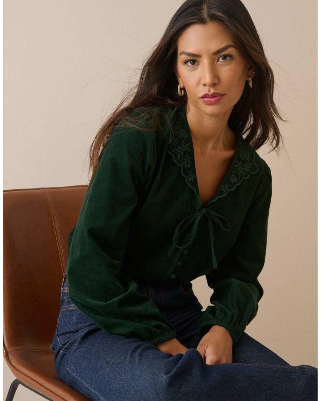 Nobody's Child Green Forest Floral Embroidered Collar Cord Blouse