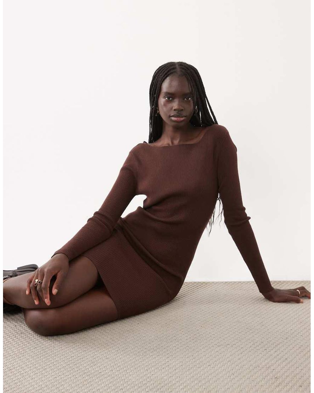 Miss Selfridge Brown Rib Knit Slash Neck Mini Dress