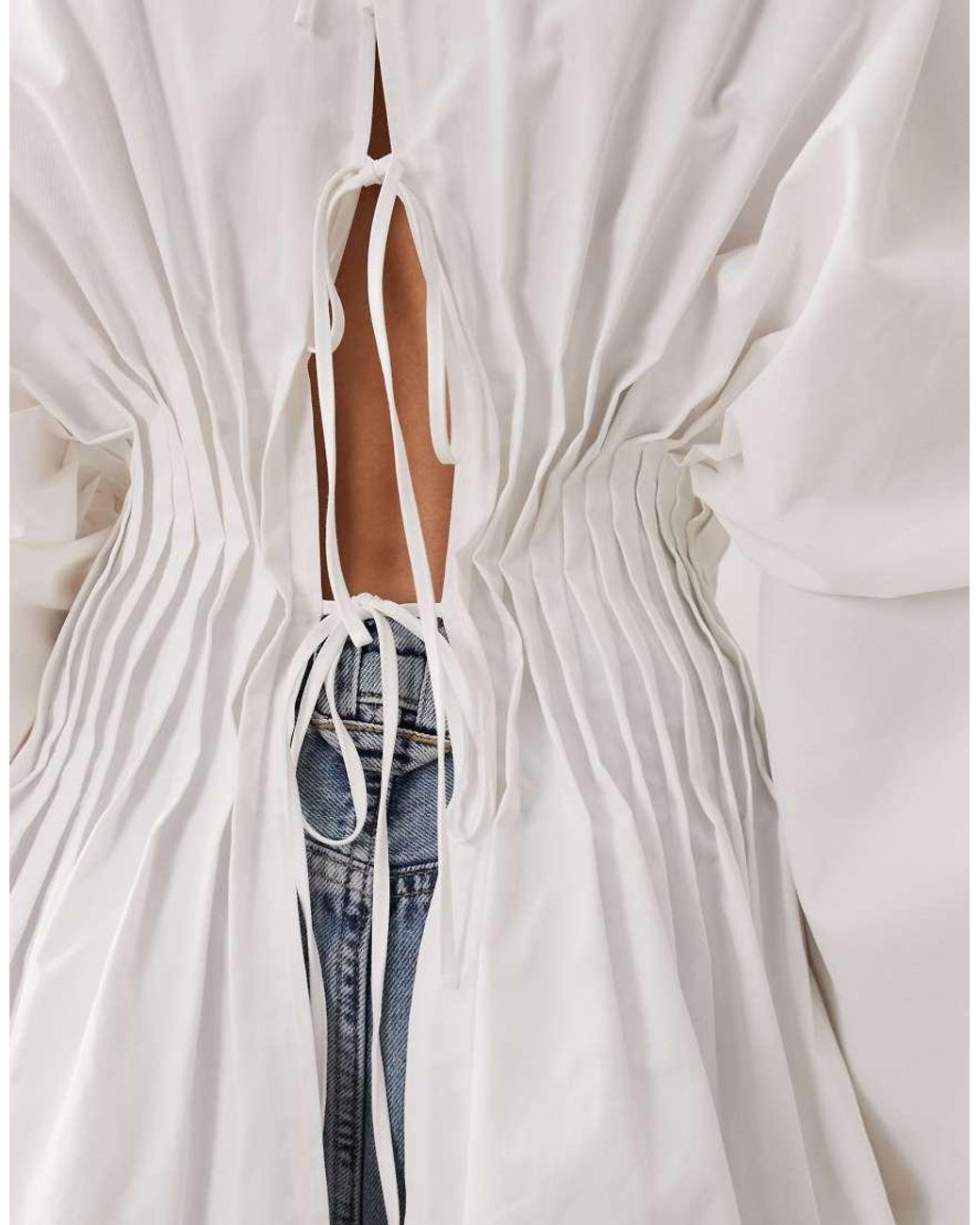 ARRANGE White Volume Sleeve Pleated Cinched Waist Top