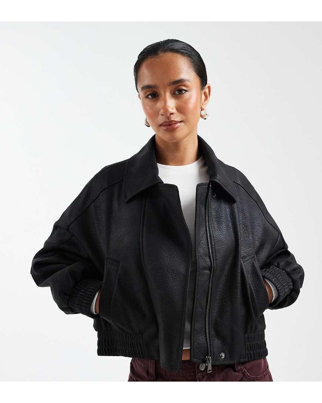 ASOS Black Asos Design Petite Leather Look Moto Bomber Jacket