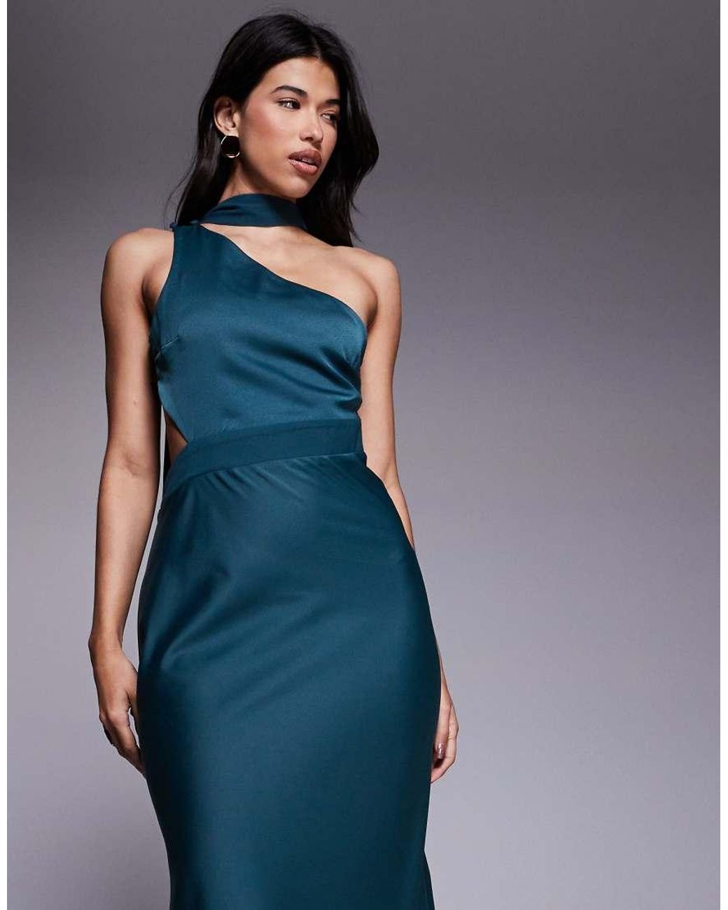 ASOS Blue One Shoulder Satin Midi Dress With Neck Sash
