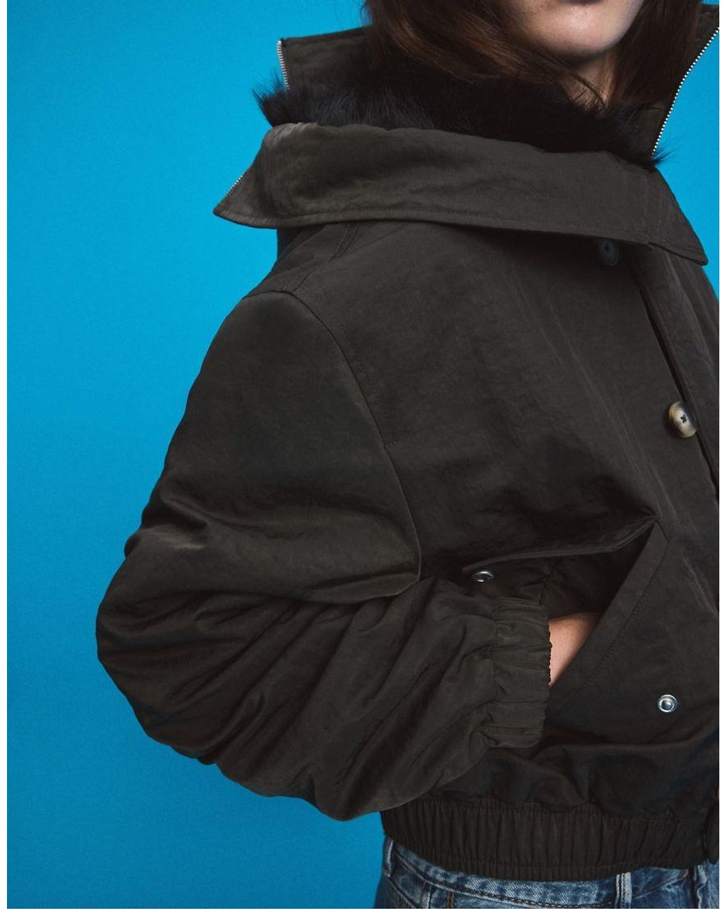 Stradivarius Blue Bomber Jacket With Faux Fur High Neck