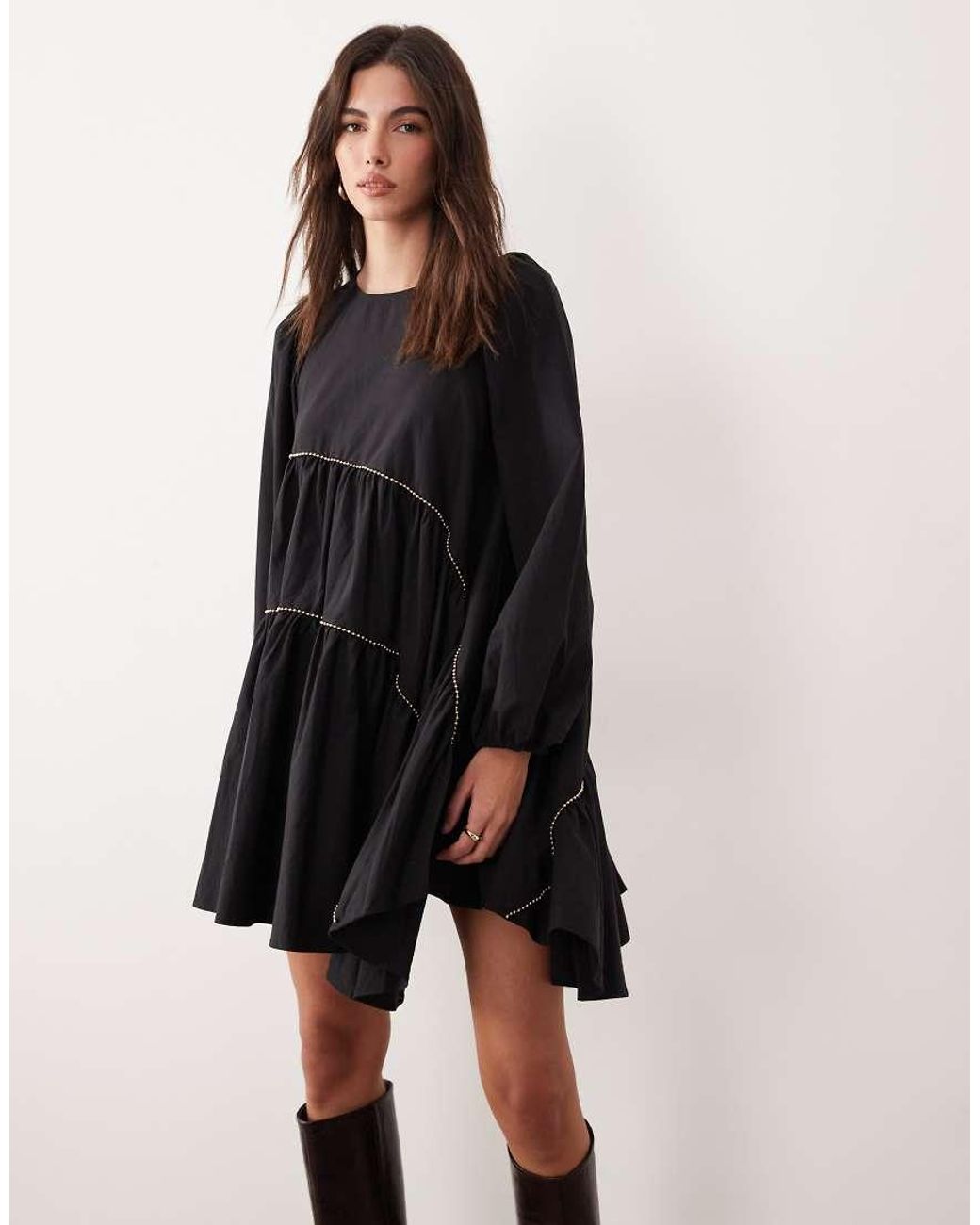 Ghospell Natural Cotton Blend Beaded Trim Asymmetric Hem Mini Dress