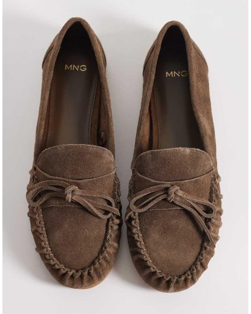 Mango Brown 100% Suede Loafers With Ruched Detail