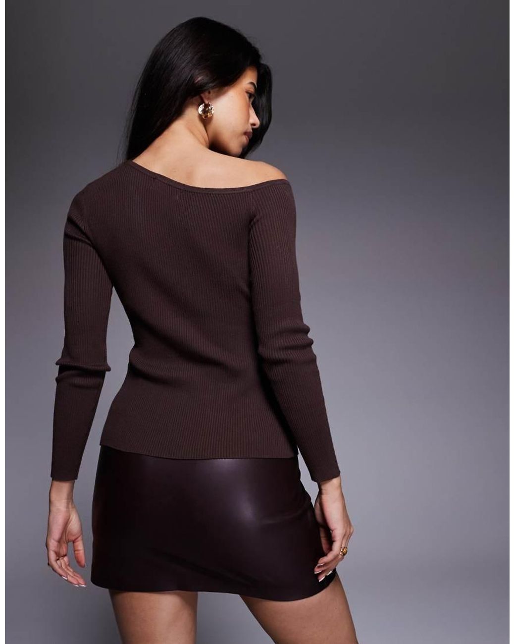 Kaiia Gray Exclusive Off Shoulder Button Split Front Long Sleeve Knitted Top