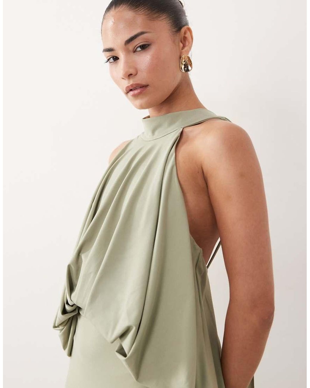 TFNC London Green Slinky High Neck Halter Detail Backless Maxi Dress