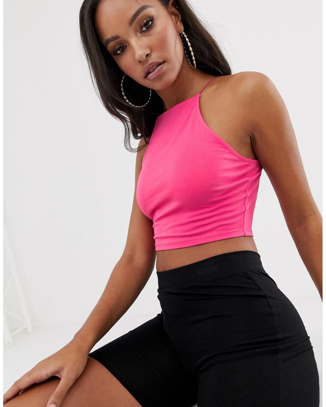 ASOS Crop Top With High Neck And Skinny in Pink | Lyst