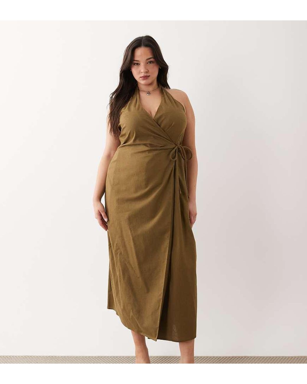 ASOS Green Asos Design Curve Cotton Linen Halter Neck Wrap Maxi Sundress