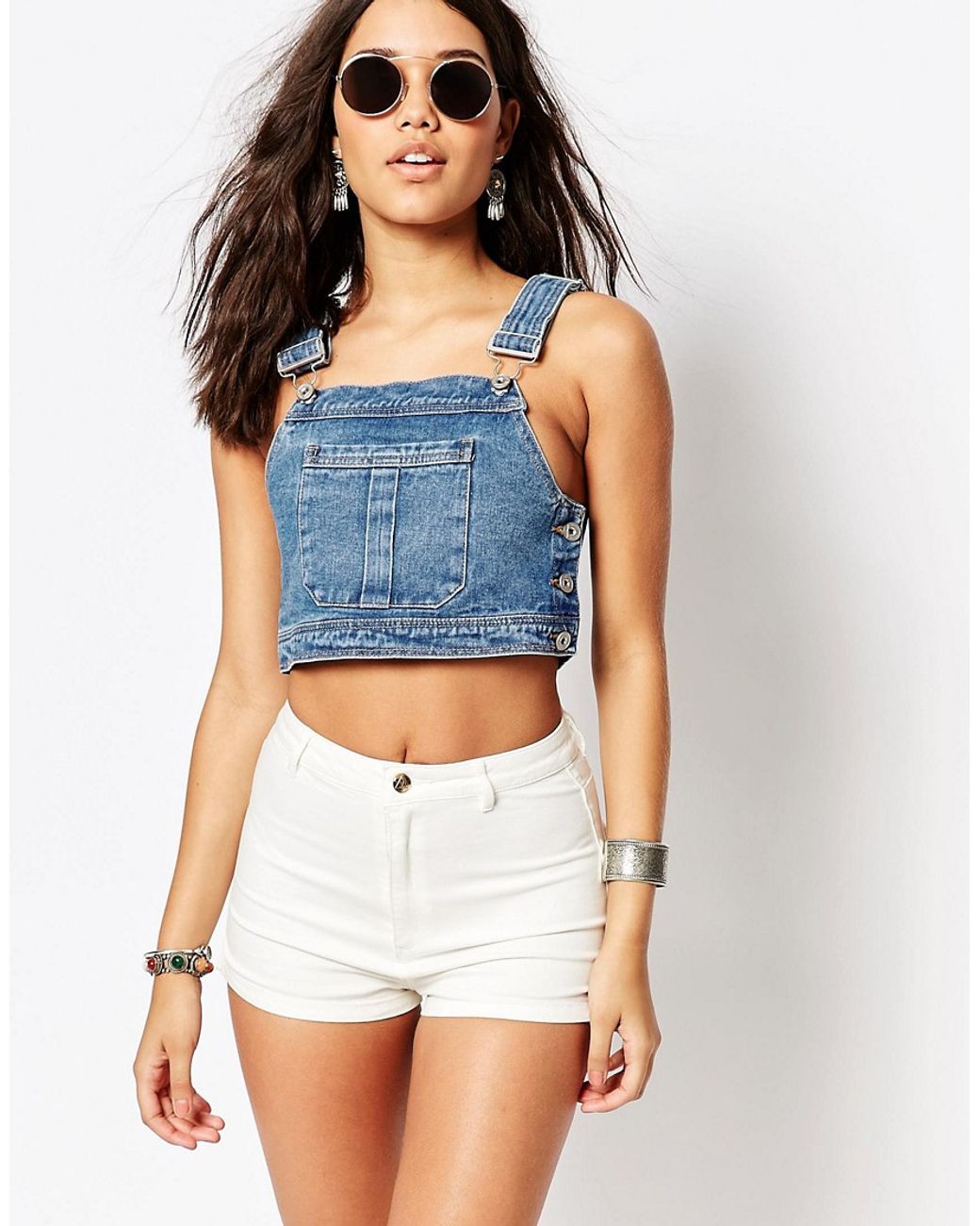 Missguided Cropped Denim Dungaree Top in Blue | Lyst