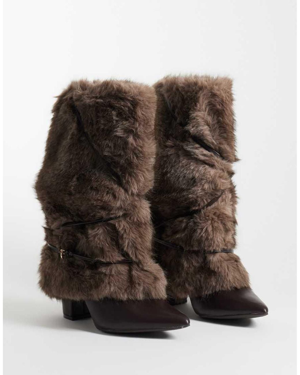 SEQWL Brown Ranger Block Heeled Fur Mid Ankle Boots