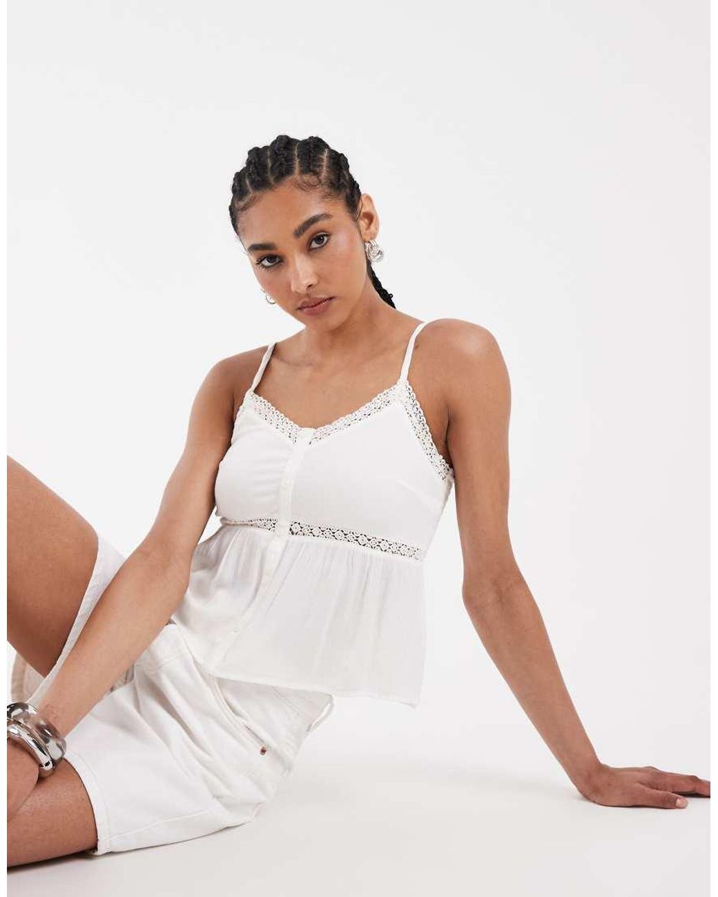 Hollister White V Neck Babydoll Button Through Cami