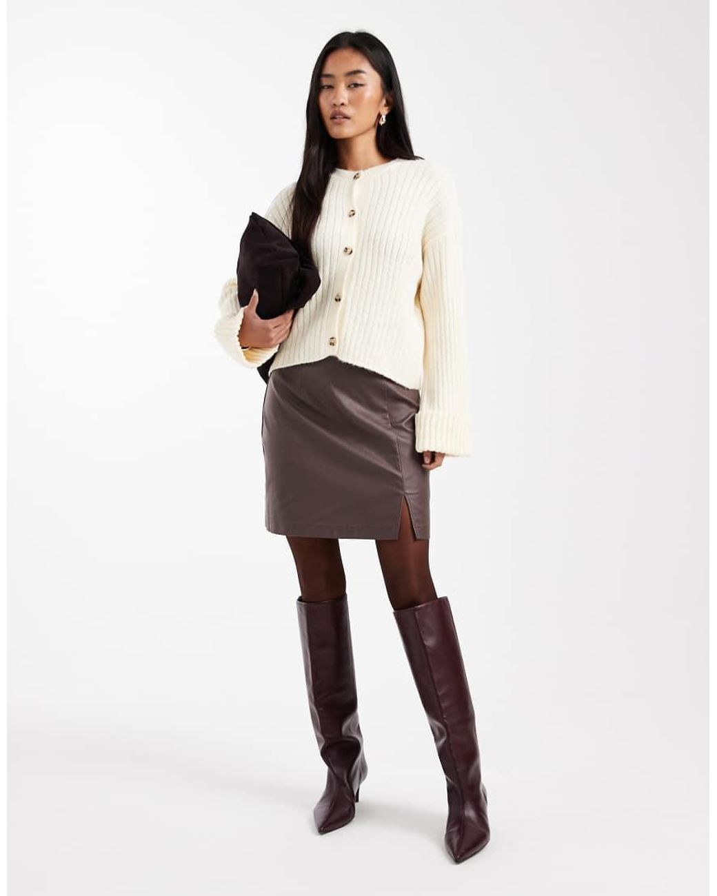 Object Brown Coated Leather-look Mini Skirt