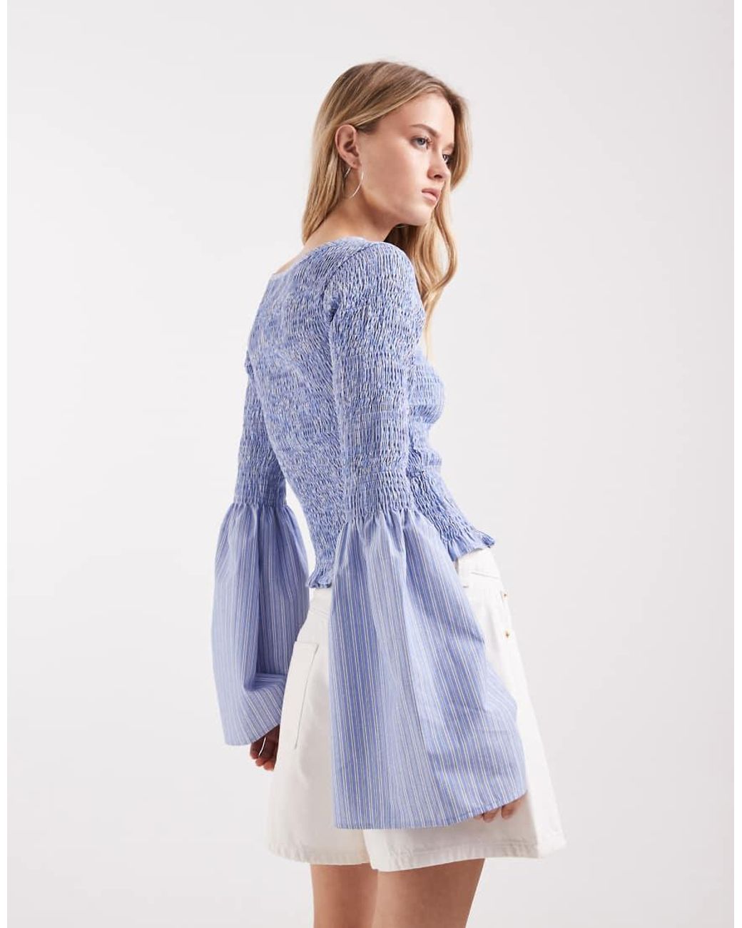 ASOS Blue Shirred Long Sleeve Blouse