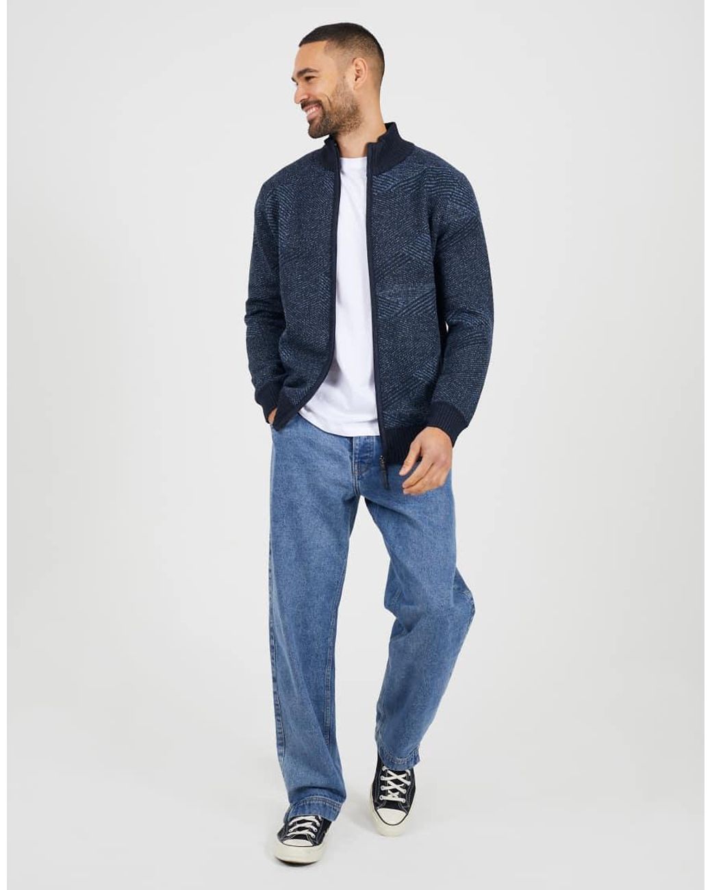 Brave Soul Blue Funnel Neck Zip Through Knitted Jumper for men