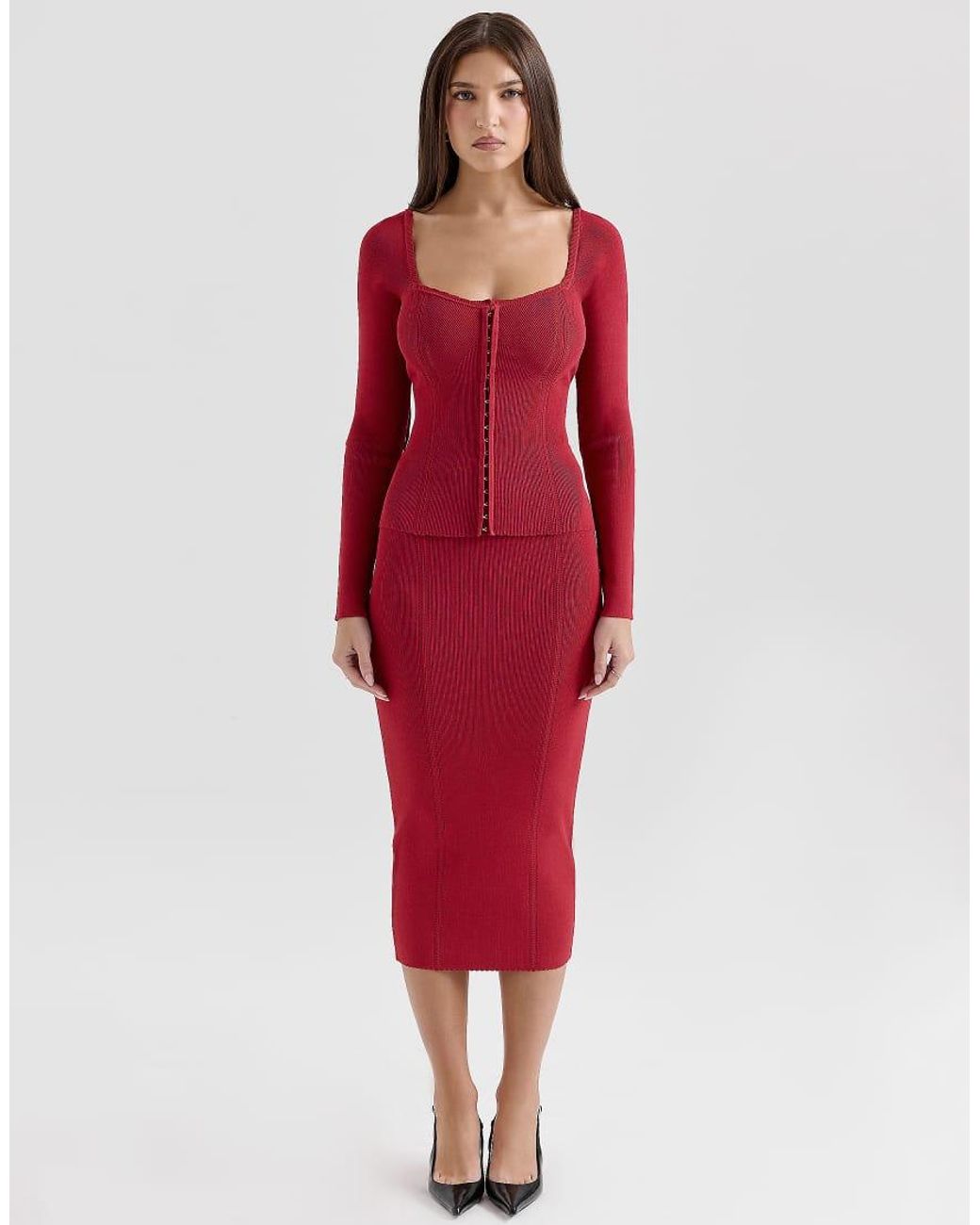 House Of Cb Red Agatha Long Sleeve Top